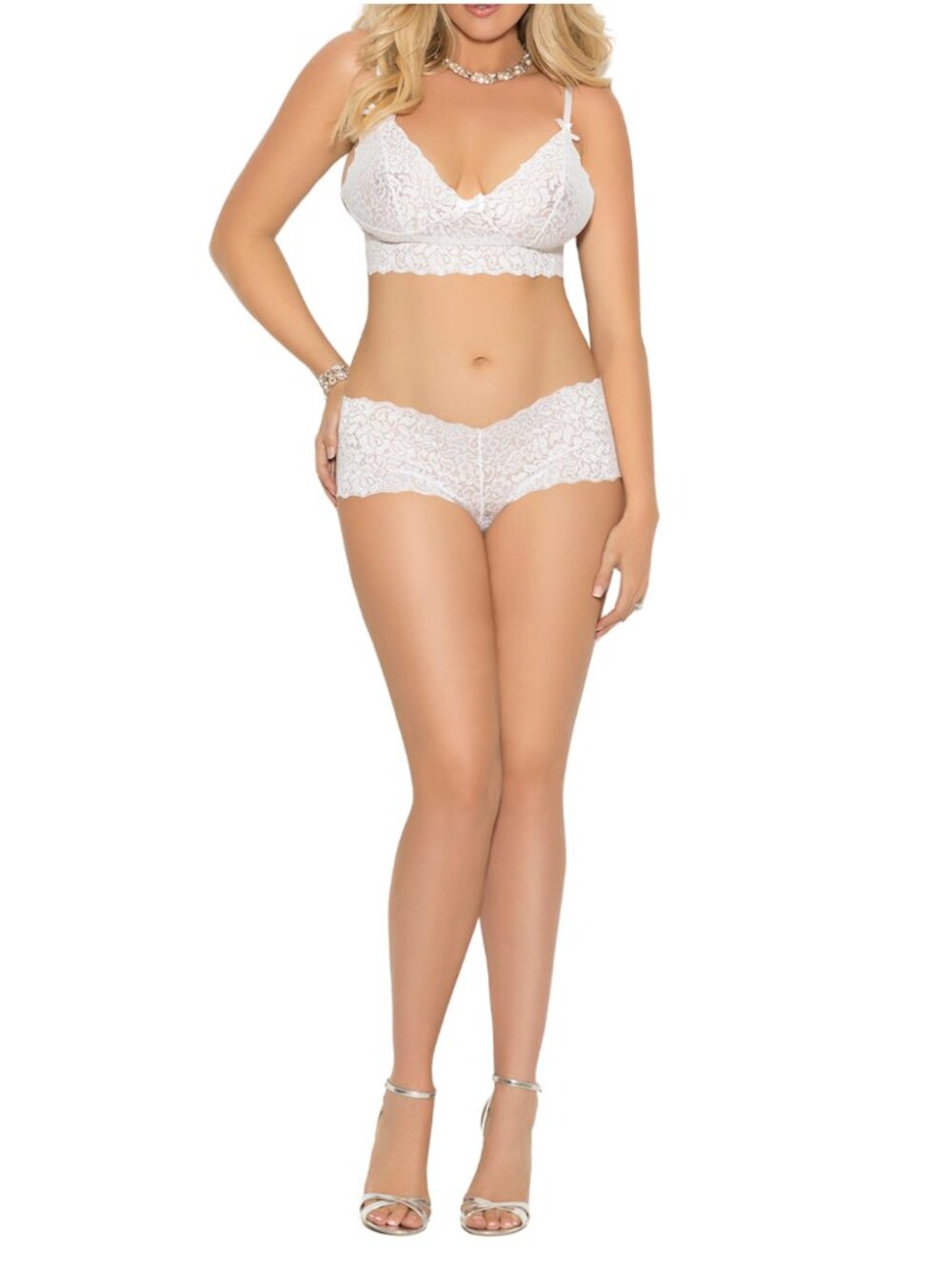 White Stretch Lace Cami Top and Booty Shorts Lingerie Set Plus Size 1X - Picture 3 of 8